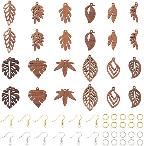 Miniatura 8 de Mega Pet Kit de fabricación de aretes colgantes de madera, 24 dijes de madera natural con 60 ganchos de latón para aretes, 60 anillos de latón para