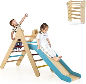 OLAKIDS Pikler Triangle Set 2-in-1 Climbing Toys for Toddlers, Foldable Wooden Montessori Baby Jungle Gym with Ladder, Ramp, and Slide