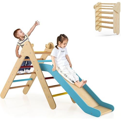 OLAKIDS Pikler Triangle Set 2 in 1 Climbing Toys for Toddlers Foldable Wood Montessori Baby Jungle Gym with Ladder Ramp Slide Kids Indoor Playground Activity Play Structure