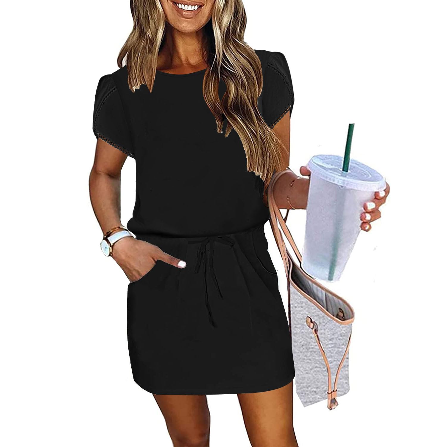 ETCYY NEW Womens Summer Dresses Tie Front Chic Mini Dress Petal Short Sleeve with Pockets