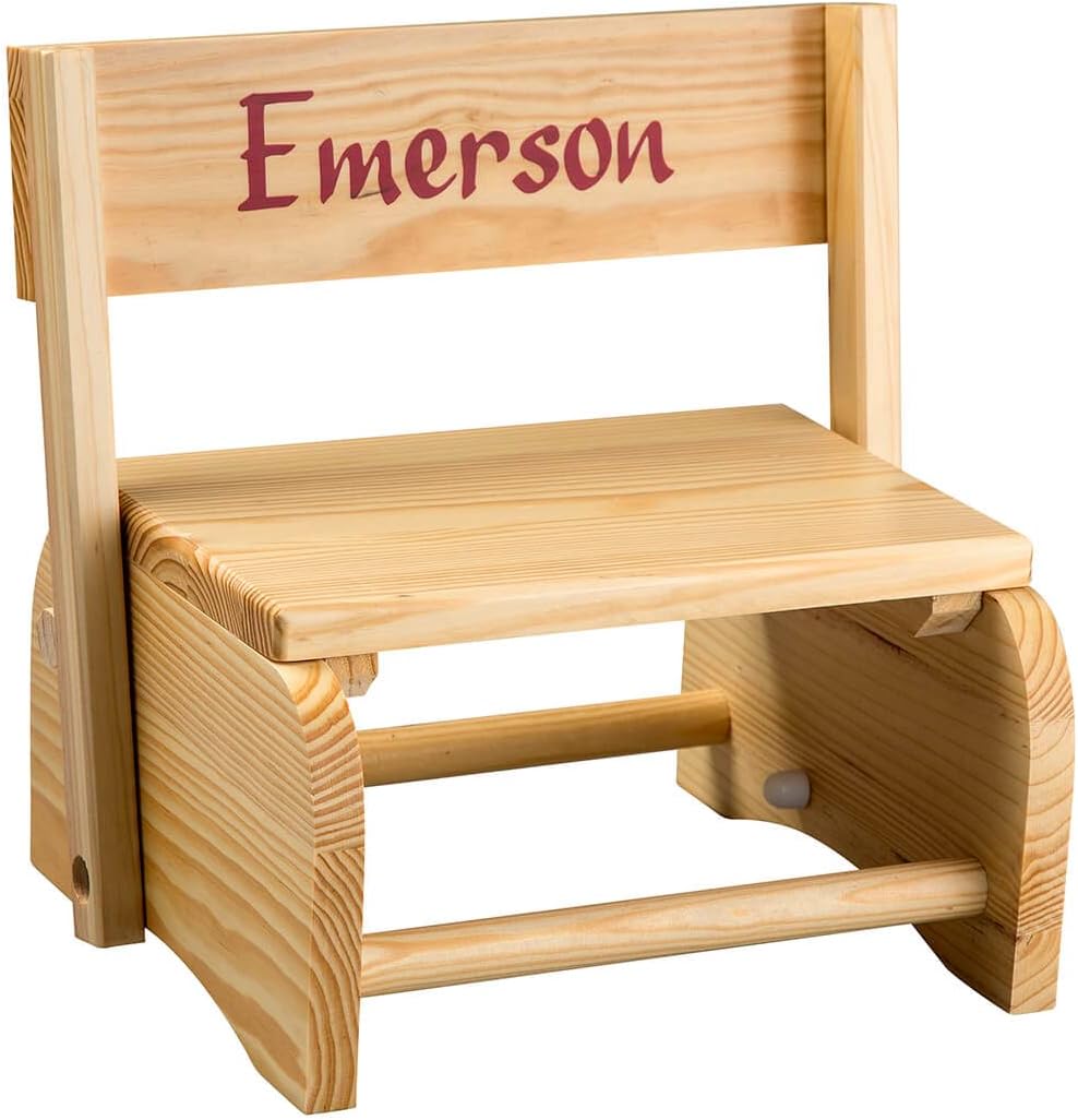 Fox Valley Traders Custom Natural Wooden 2-in-1 Chair and Stepstool, 100% Hardwood, Red Font - Measures 9 3/4" x 10 3/4"