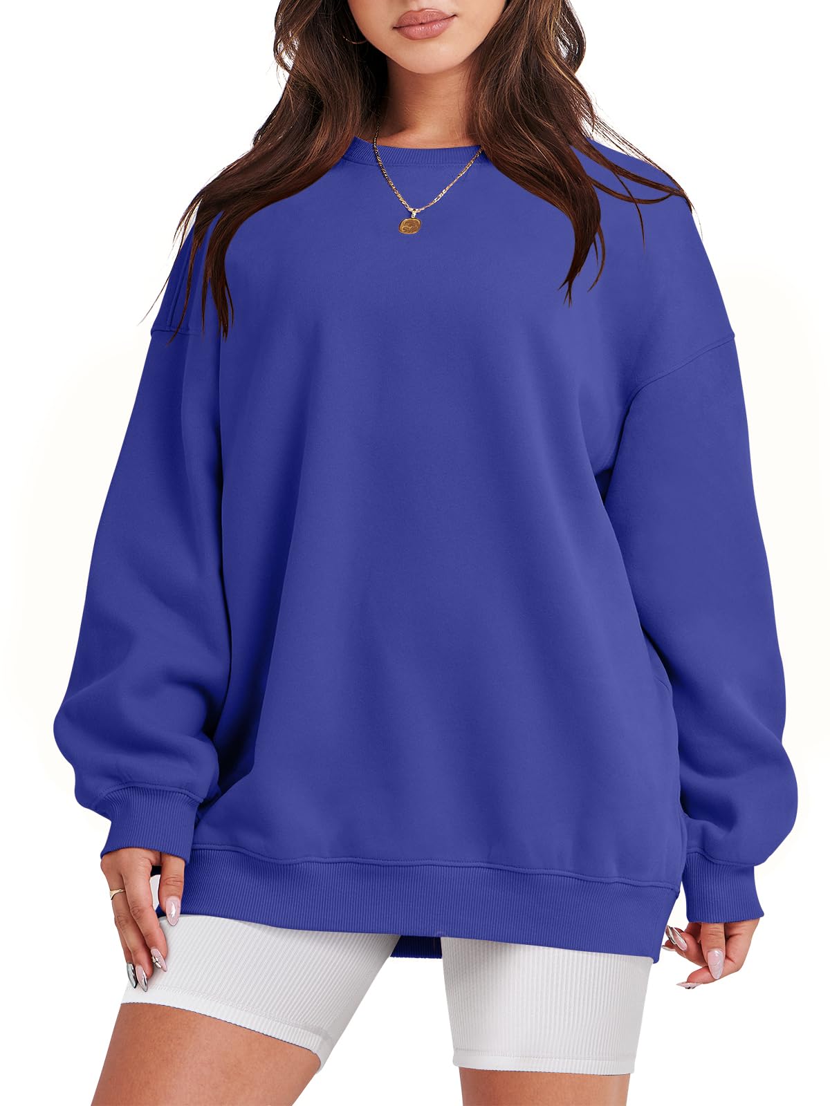 Damskie bluzy oversize bluzy z kapturem polar okrągły dekolt sweter top codzienne jesienne stroje preppy ubrania nastolatki 2024 A1019 światło, Jeden kolor, Royal Blue_L
