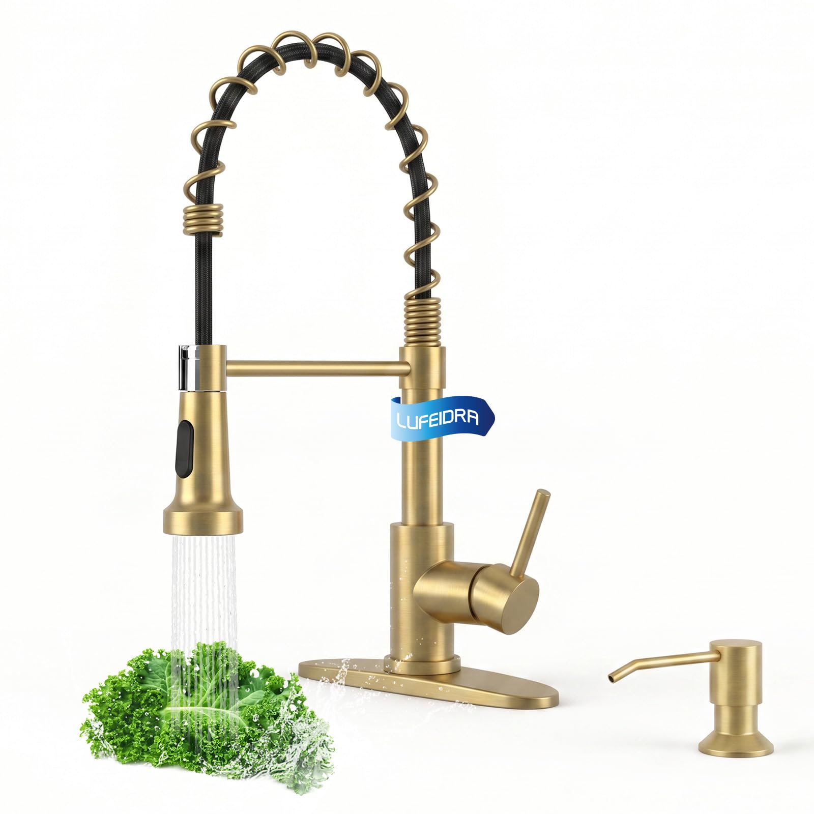 LUFEIDRA Pull-Down Kitchen Faucet with Soap Dispenser, Gold
