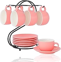 Vista 1 de Tazas Expresso de porcelana (4.5 onzas) con platillos y soporte de metal, juego de tazas Candiicap Demitasse para café, capuchino, latte, expresso