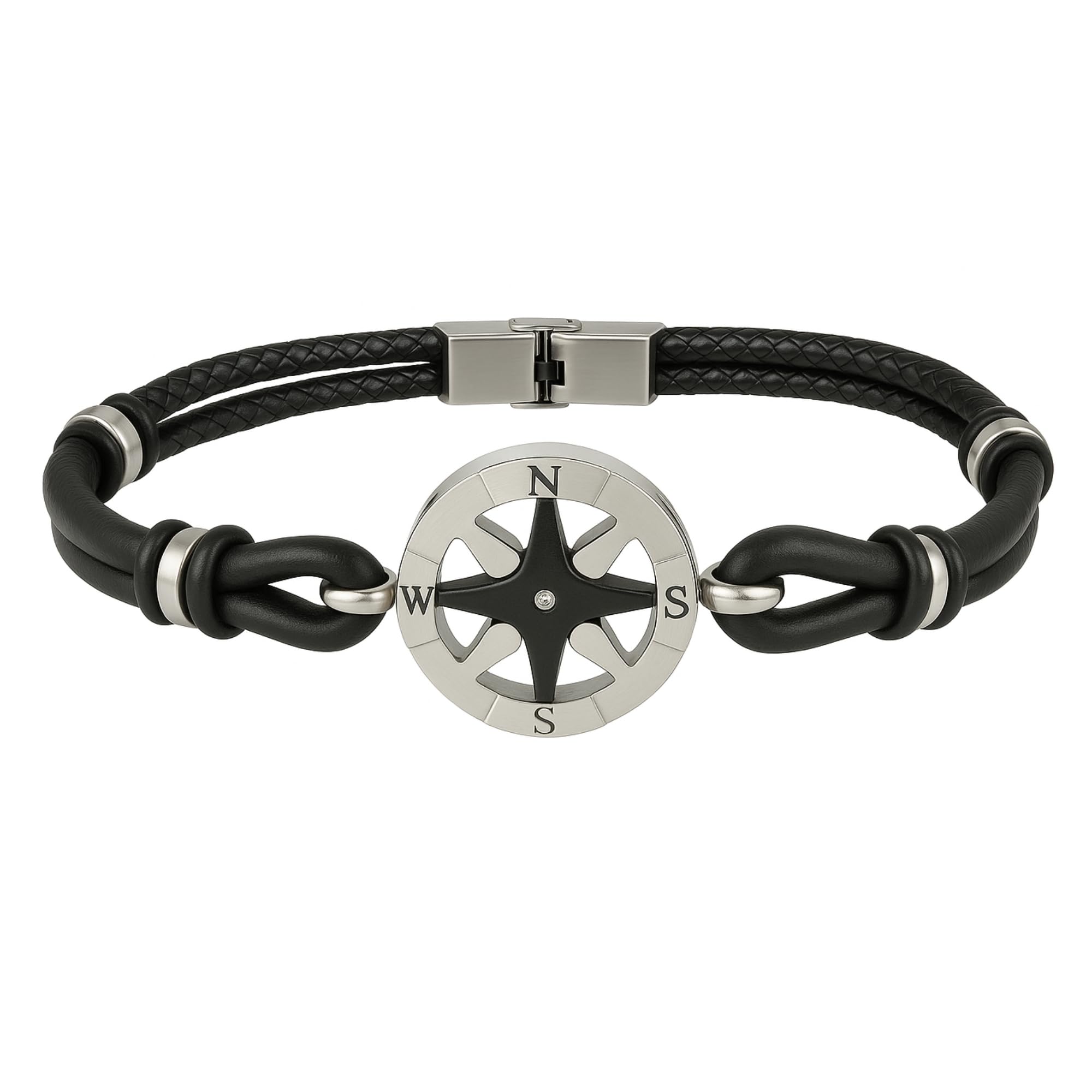 Bracciale Rosa dei Venti Uomo in Acciaio e Pelle Nera – Gioiello Nautico in Acciaio Inox, Design Compass, Idea Regalo Uomo bcc3044