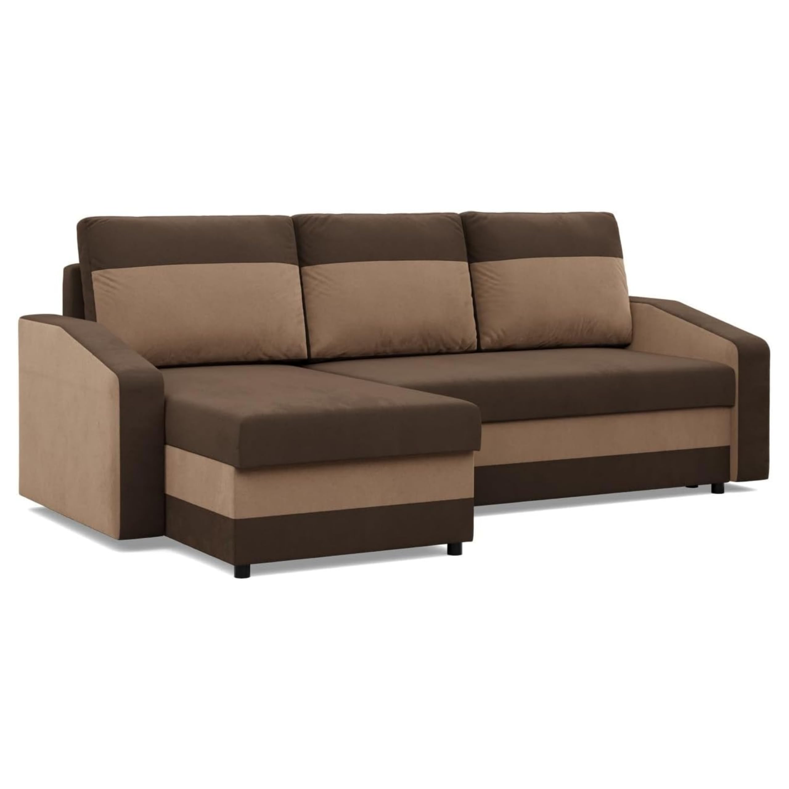 Mebligo - Ecksofa mit Schlaffunktion und Bettkasten Orion, Eckcouch Universelle Seite, Sofa L Form (BxTxH) 231 x 140 x 85 cm, Couch Wohnzimmer, Ecke Sofa, Dunkelbraun + Braun (Mikro 20 + Mikro 48)