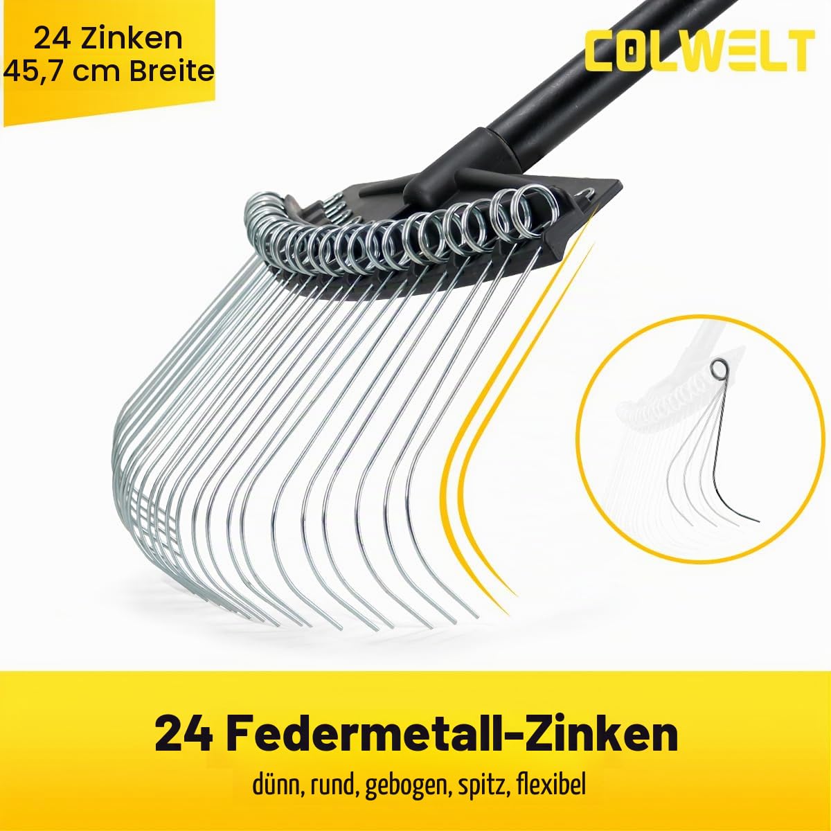 Colwelt Vertikutierrechen, Federstahlzinken, 155 cm Stahlstiel, Rasenrechen