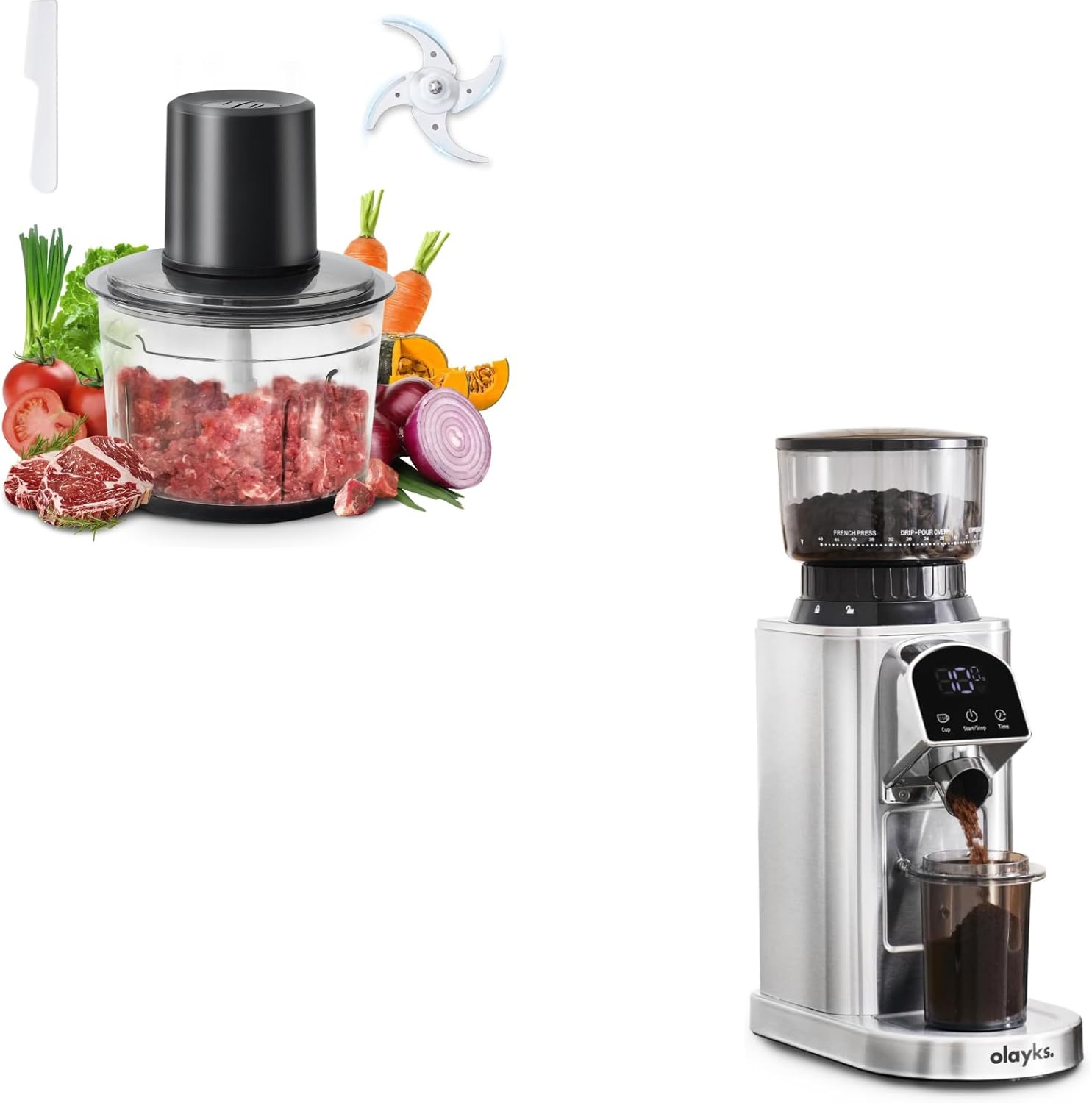 Meat Grinder Electric, 2.2L Stainless Steel Food Processor & olayks. Conical Burr Coffee Grinder Electric with Electronic Timer, Anti-Static, Coffee Grinders for Home Use
