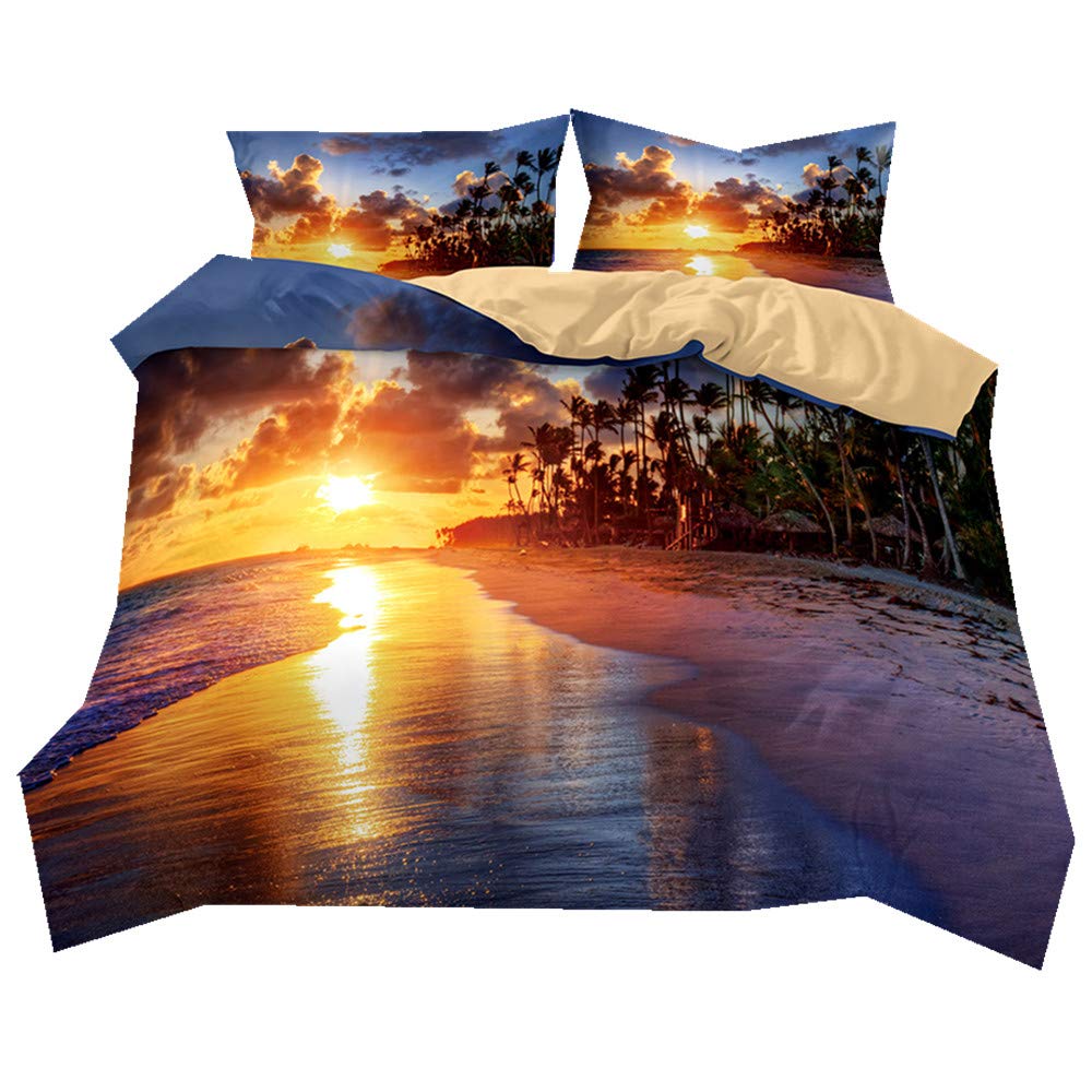 Bedding set Ocean Beach scenery Sunrise and Sunset Pattern Soft and Breathable Duvet cover and Pillowcase Bedding set 100% Polyester (Sunset, Double)