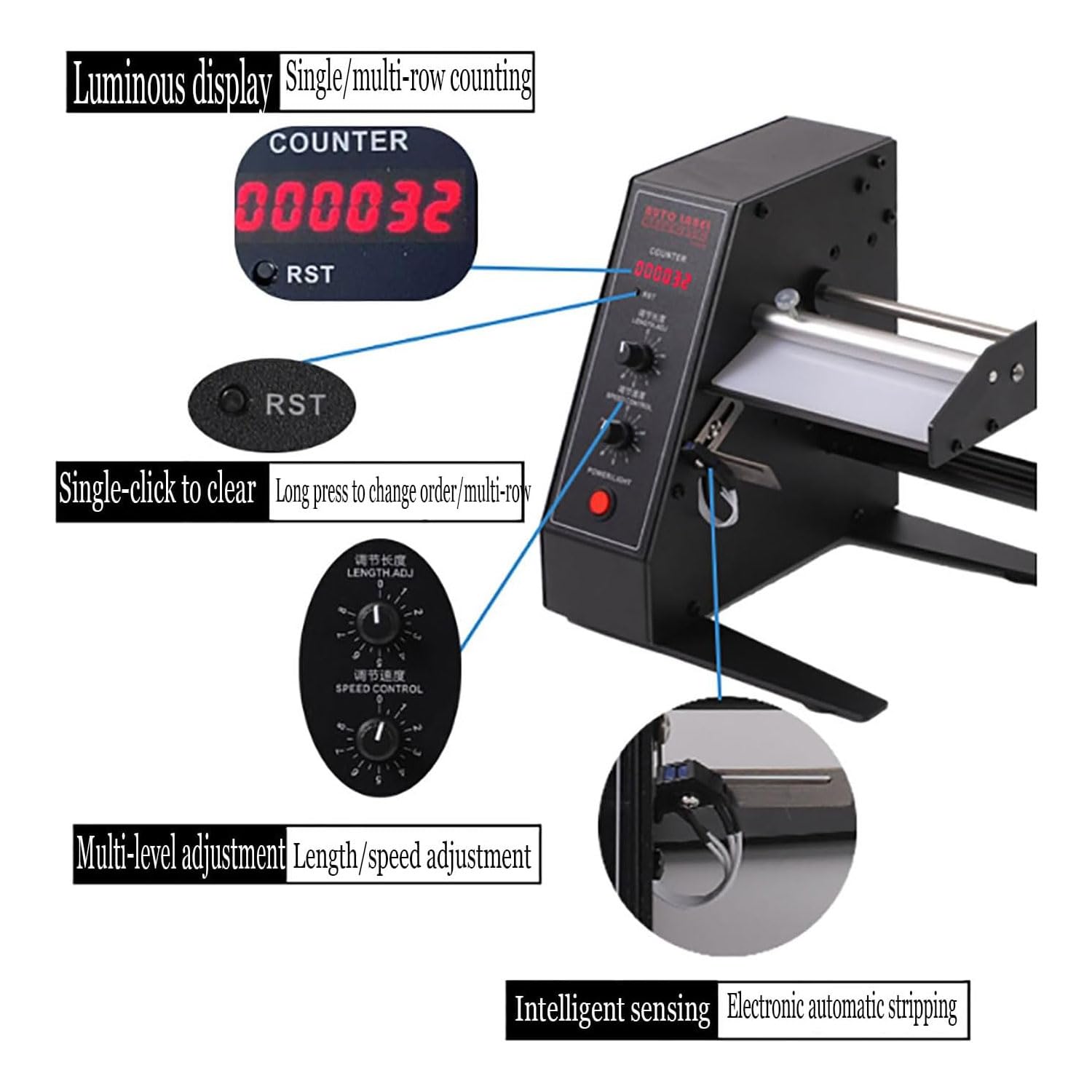 Elektryczny dozownik etykiet - automatyczne liczenie 0-999999, regulowana prędkość 1-8 m/min, szerokość etykiety 4-140 mm, automatyczna maszyna do ściągania izolacji do magazynów i logistyki
