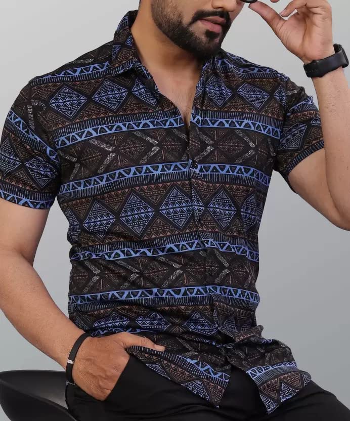 Image of LookMark Men's Trendy Lycra Blend Spread Collar Half Sleeve Printed Shirts - Elevate Your Style with Comfort and Versatility (Pack of 2)