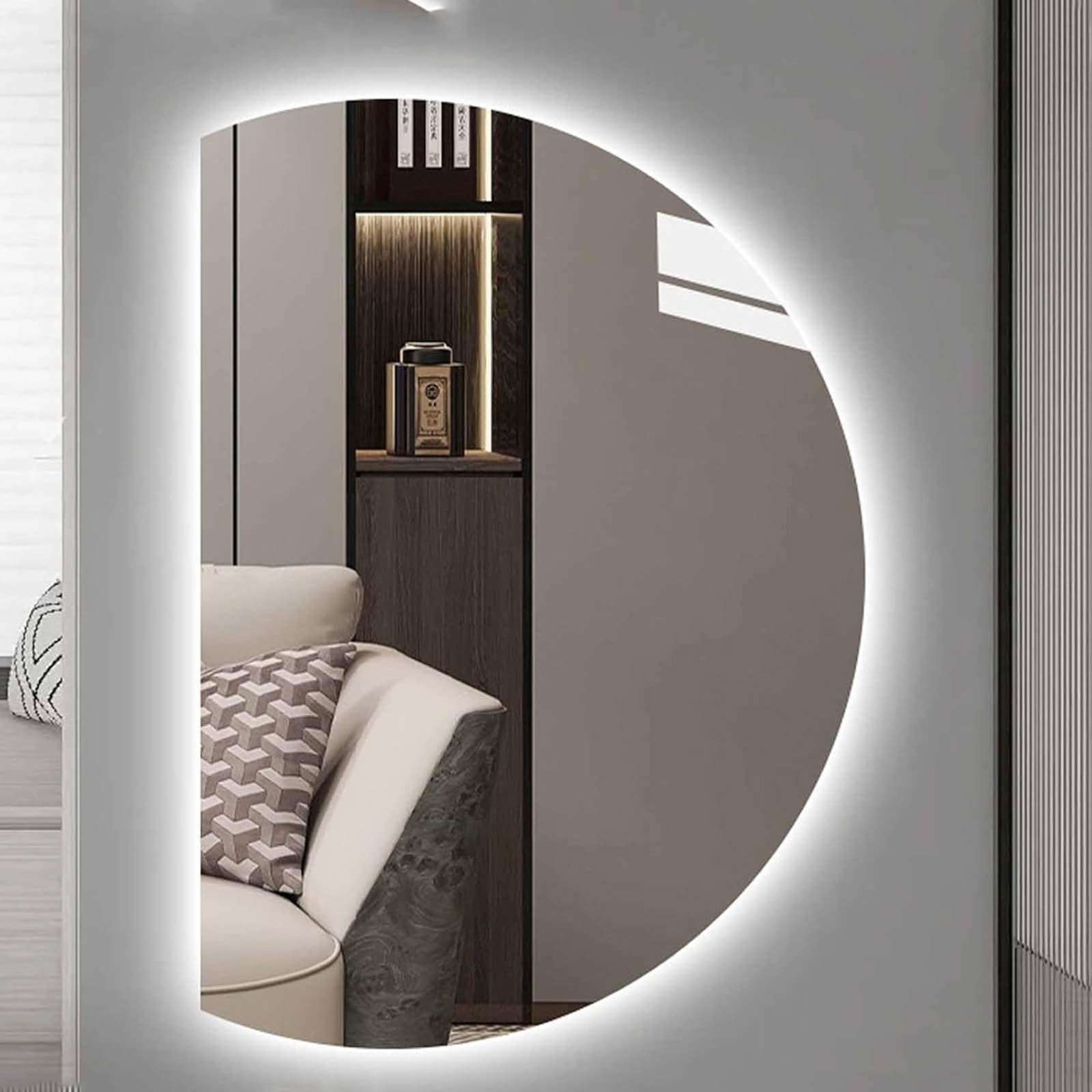 SXFSDOU 47"× 32" Half Moon LED Mirror for Bathroom Makeup Dimmable 3-Color Lights Backlit Frameless 39"x 28" Shatter Proof Decorative Wall Mirror(Left Cut,100x70cm/39x28in)