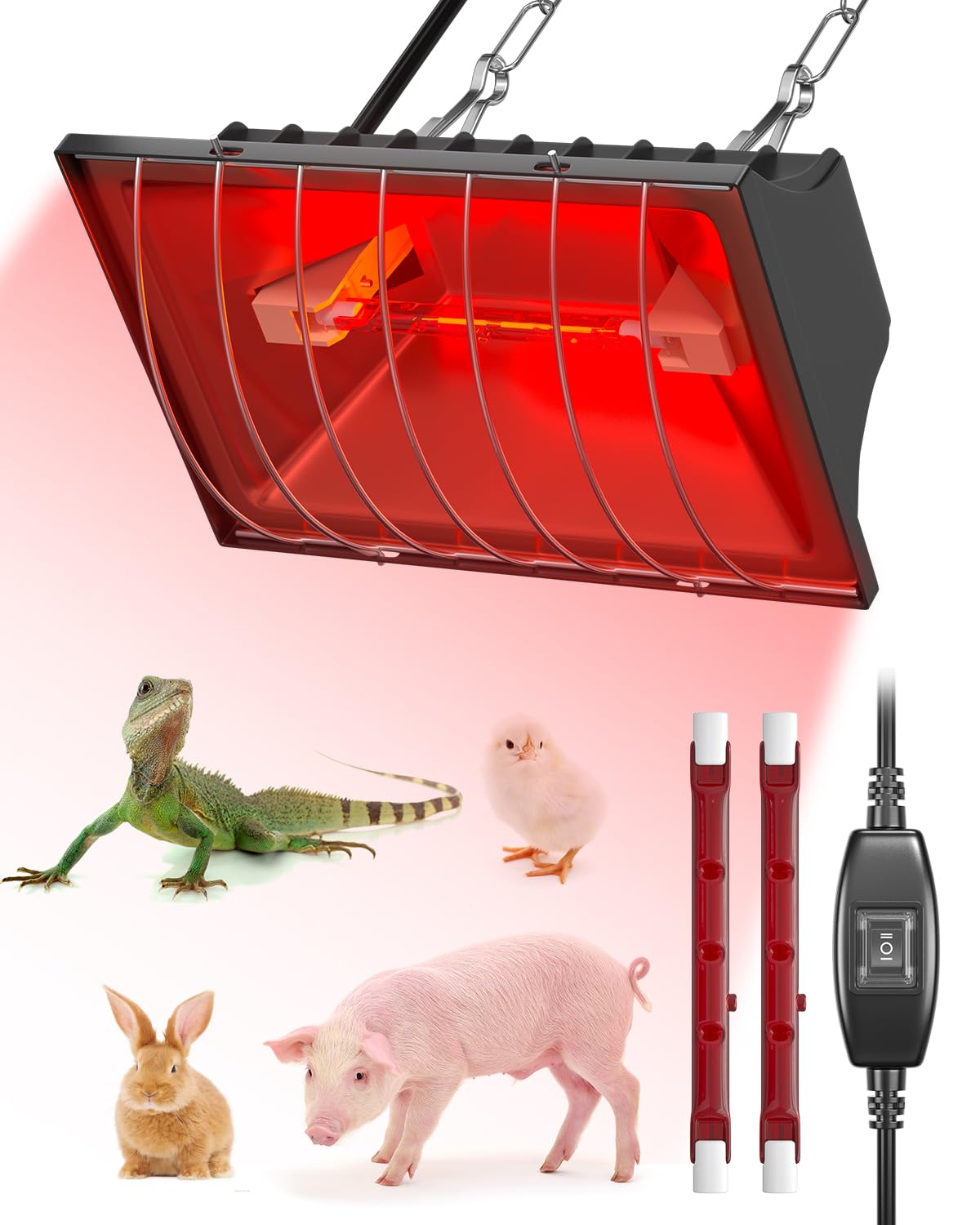 GlowUp Lampara Calor Pollitos 275W, Incluye 2x 175W Bombillas de Calor Infrarroja, Lámpara Calor de Aves de Corral para Cachorros, Pollo Broder, Pato, Cerdos, Corderos (Negro)