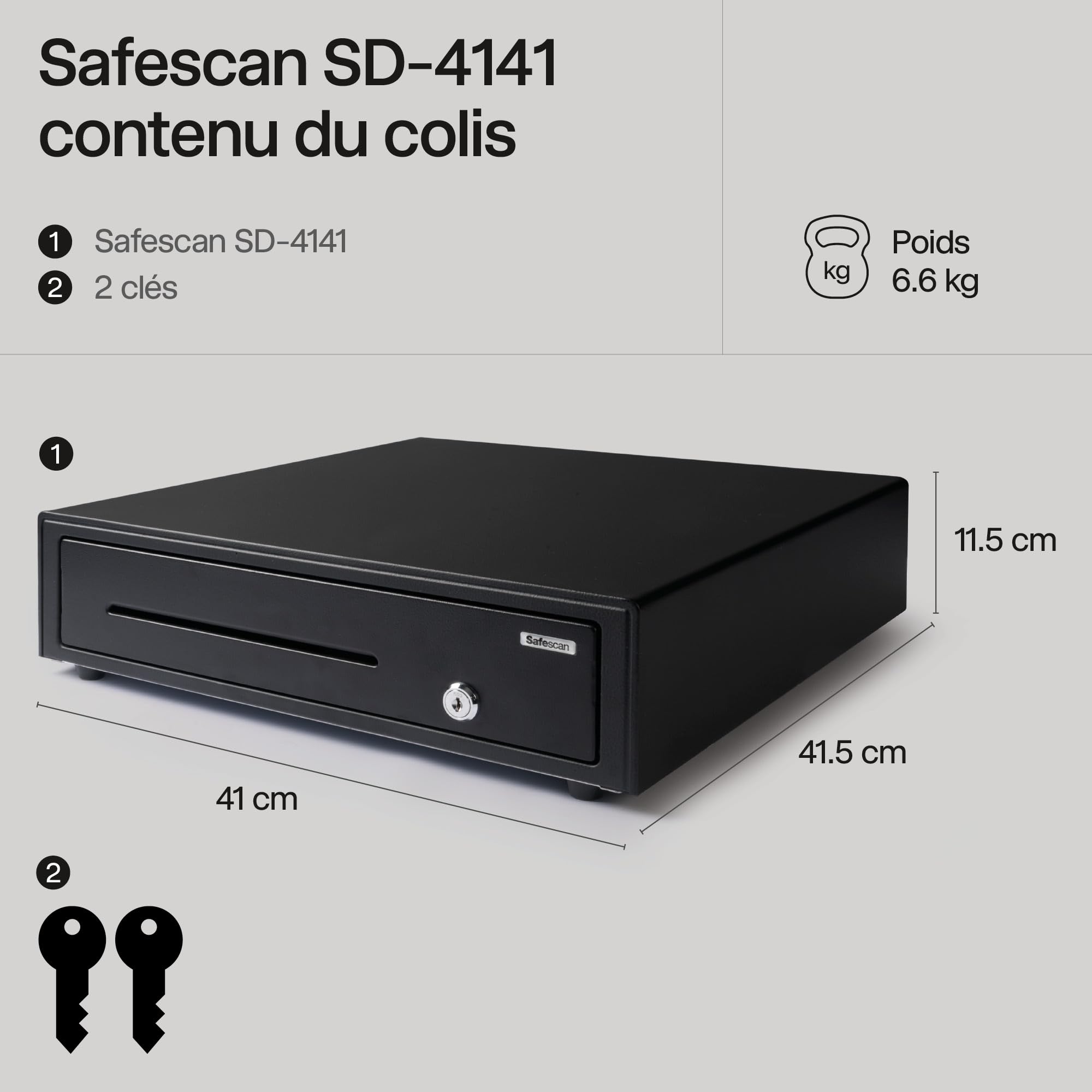 Safescan SD-4141 tiroir-caisse 4 emplacements billets 8 emplacements pièces RJ-12 41 x 41.5 x 11.5 cm