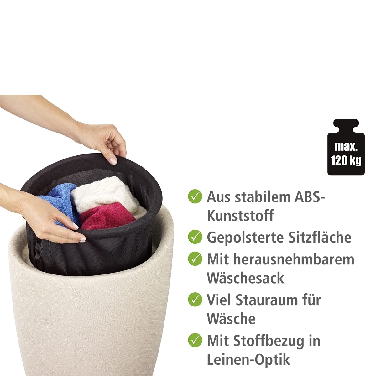 Wenko Taburete para el baño, plástico, beige, 38.5 x 38.5 x 53.0 cm