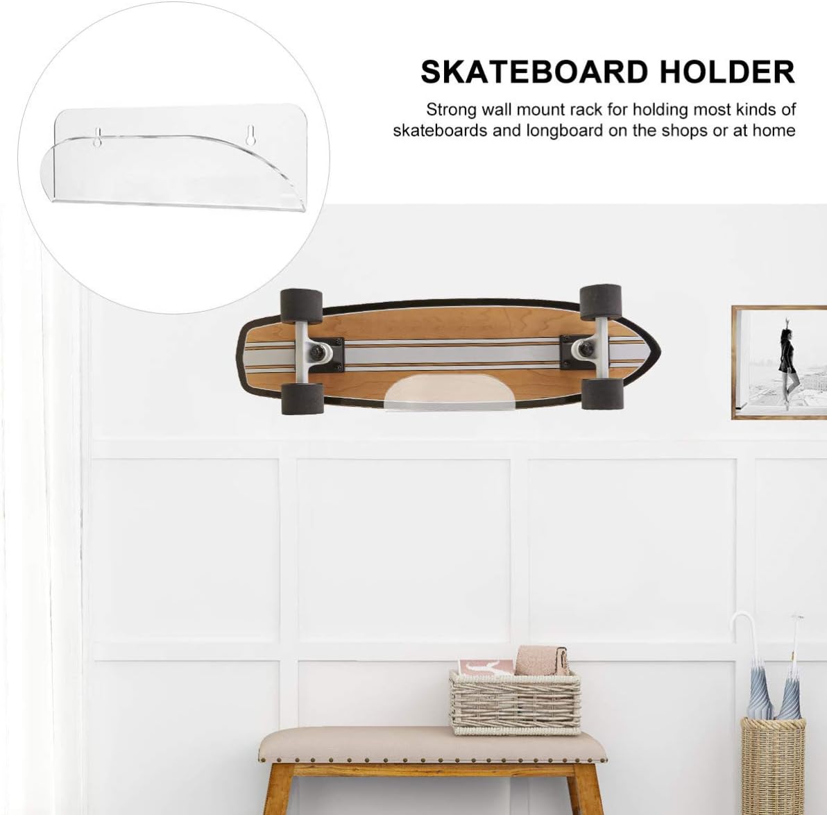 KICHOUSE Acrylic Skateboard Wall Mount Rack Easy Install Display Stand for All Skateboards Snowboards and Skis Sturdy Bracket Holder for Home Decor and Storage