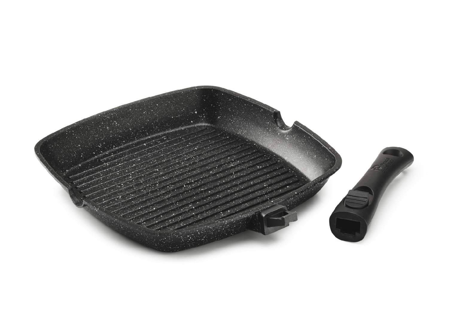 Pradel Excellence - PCUI001022 - Poêle Grill en Fonte d'Aluminium 28x28cm, Couvercle Verre - Revêtement Anti-Adhésif Façon Pierre - Manche Amovible - Tout Feu, Noir