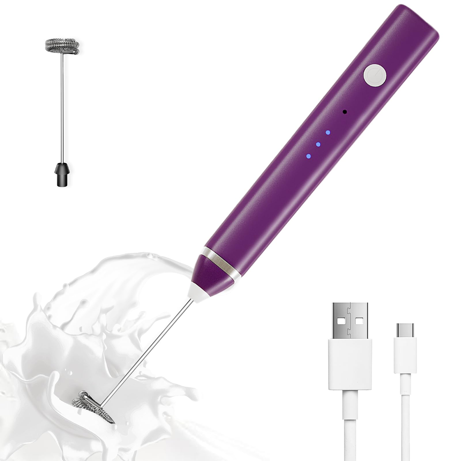 Milk Frother Rechargeable Handheld Electric Whisk Coffee Frother Mixer with 3 Stainless whisks 3 Speed Adjustable Foam Maker Blender for Coffee Matcha Latte Cappuccino Hot Chocolate(Purple)