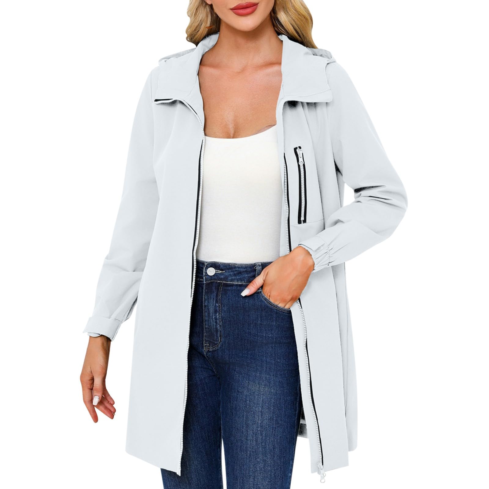 Giacca impermeabile da donna con cappuccio - Giacca sportiva da donna con tasca Cappotto leggero Giacche comode Trench per alpinismo Cappotti Antivento Giacca alla moda Felpa con zip Trench
