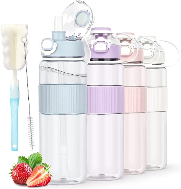 AOHAN Water Bottle with Straw, Sports Water Bottle 1l with Bottle Brush and Sticker, Leakproof Drinks Bottle, BPA Free Clear Water Bottle Ideal for Running Gym School Office and Outdoor Activity