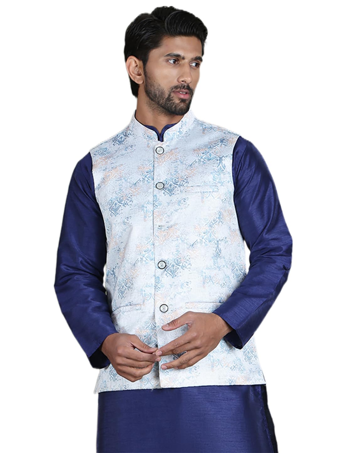 jompers Silver Floral Printed Nehru Jacket. (Silver, XL)-picture-21