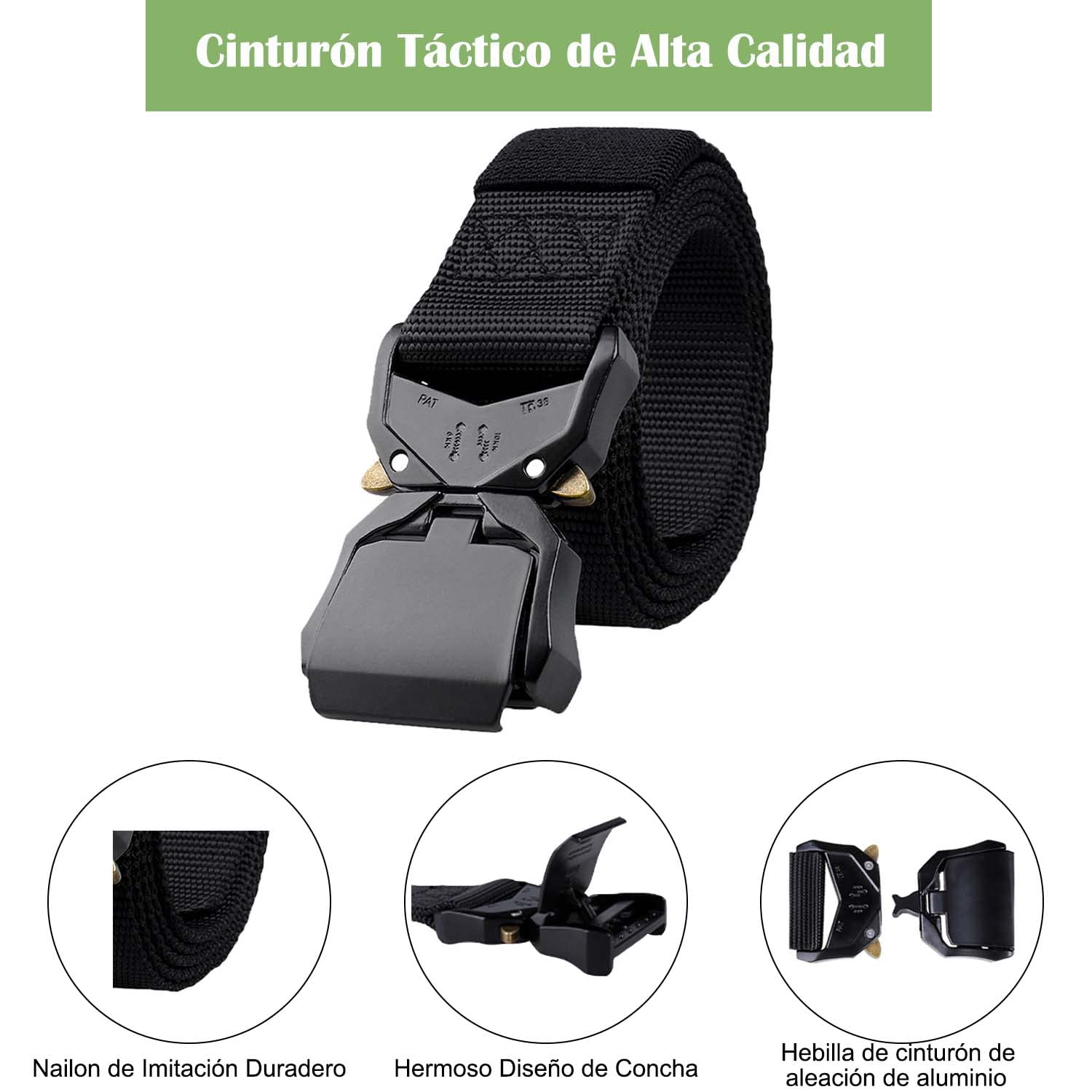 Cinturón Táctico para Hombres, Cinturón de Alto Rendimiento de 1.5 Pulgadas Cinturón Hebilla de Metal de Liberación Rápida, Cinturón de Senderismo con Gancho(Negro)