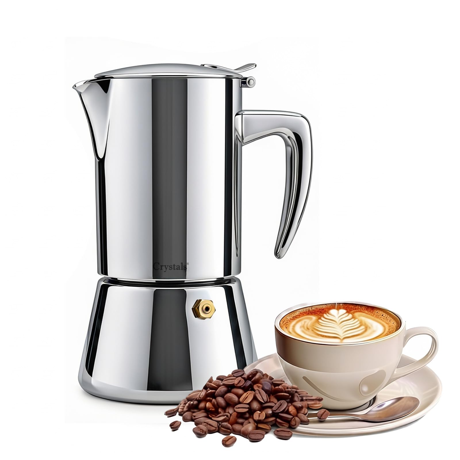 Crystals Stainless Steel Espresso Maker, 6 Cup (300ml) Moka Pot, Stovetop Italian Coffee Maker for Induction, Gas & Electric Hobs, Espresso Percolator with Safety Valve