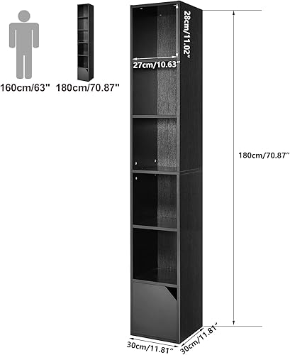 Miniatura 3 de IBUYKE Estantería estrecha de 6 niveles, moderna estantería de esquina negra con almacenamiento de puertas, estante de torre multimedia, gabinete,