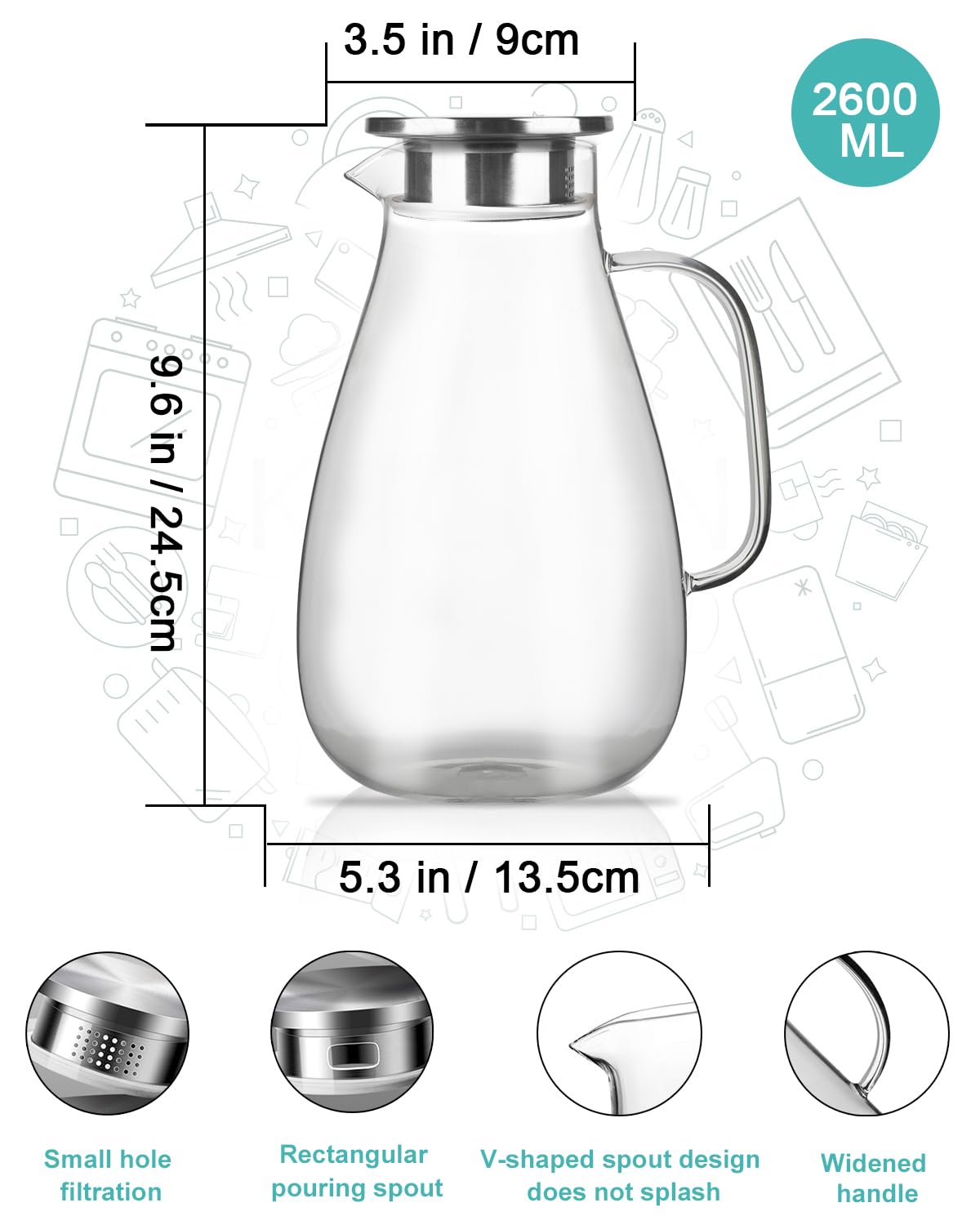 LIBWYS 2600ml Szklana karafka o pojemności z pokrywką, dzbanek na wodę ze szkła borokrzemowego, odporny na wysokie temperatury, szklany dzbanek do napojów DIY, soków, gorącej i zimnej herbaty, mleka