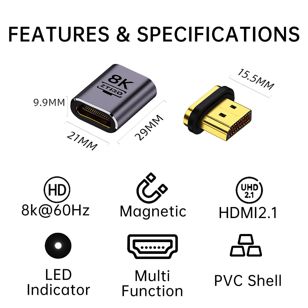 Sisyphy Lot de 2 adaptateurs magnétiques HDMI 2.1 femelle vers mâle 8K 60 Hz 4K 120 Hz sortie pour ordinateur portable, PC, moniteur, TV, console de jeu, DVD