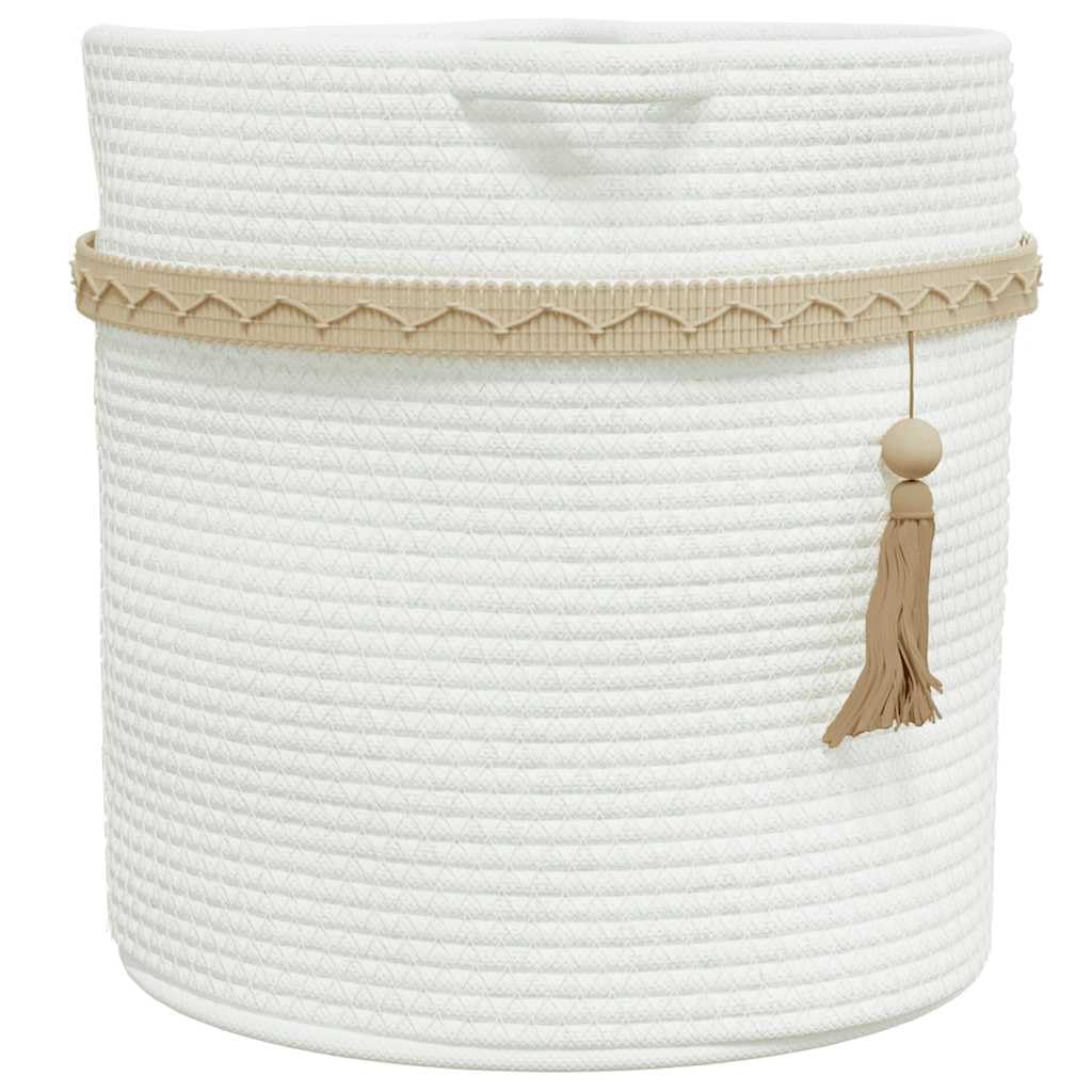 Weißer Aufbewahrungskorb Ø38x36 cm aus Baumwolle mit Griffen, dekorativer Flechtkorb für Ordnung, Wäsche, Spielzeug, Handtücher, Kleidung, geeignet für Wohnzimmer, Schlafzimmer, Bad, Küche
