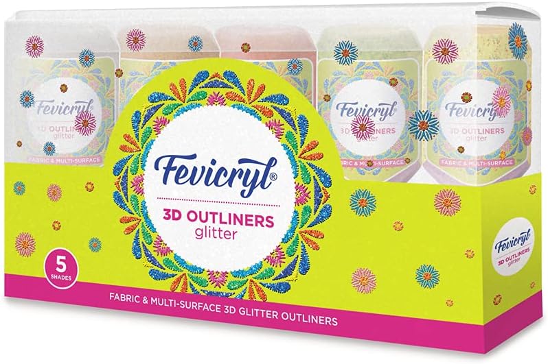 Fevicryl 3D アウトライナー グリッターキット 20ml x 5 | ファブリックとマルチサーフェス 3D アウトライナー グリッター アソートパック マルチカラー