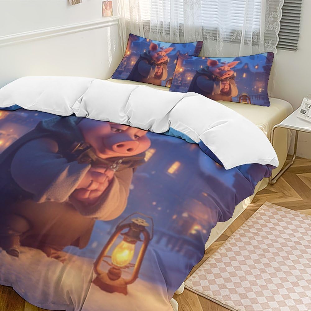 Housse de couette avec fermeture éclair en microfibre parure de lit 3 pièces petit cochon