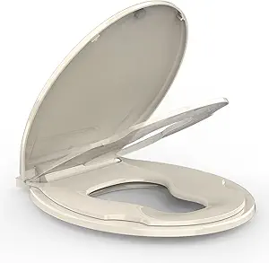 Toilet Seat Round, Toilet Seat with Toddler Seat Built in, Potty Training Toilet Seat Round Fits Both Adult and Child, with Soft Close, Easy Install and Clean - Fits Most Round Toilets Almond