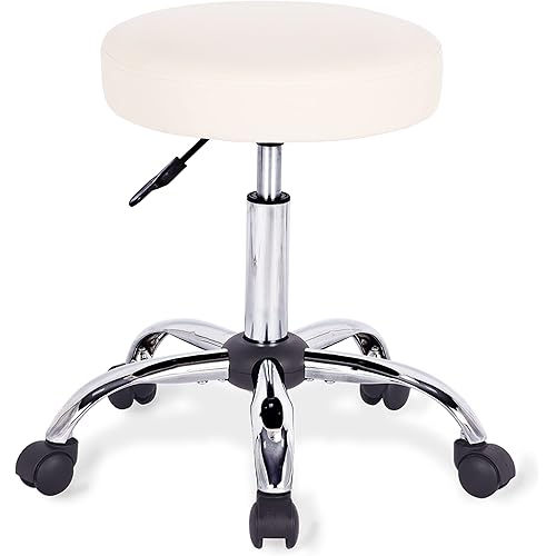 Allewie Round Rolling Stool PU Leather Height Adjustable Swivel Drafting Work SPA Medical Salon Stools Chair with Wheels and Soft seat Padding, Beige