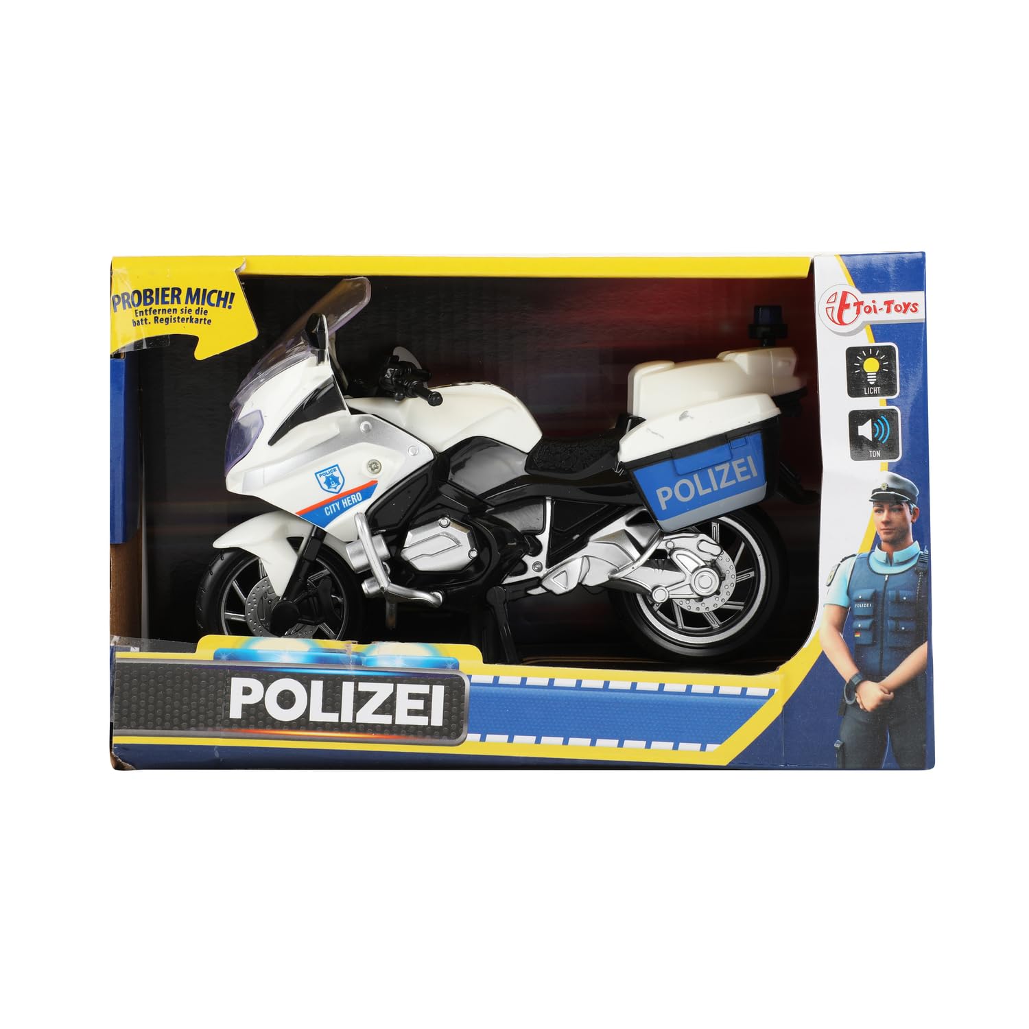 Toi-Toys 29654B Moto de Police 1:20 avec lumière et Son, modèle de Moto de Police, Blanc