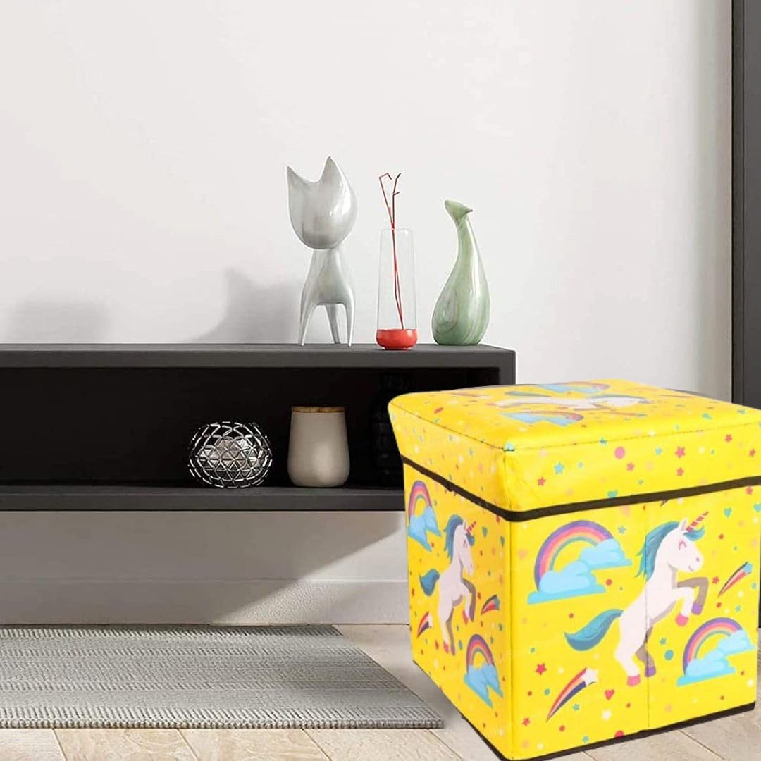 STORIA Storage Ottoman Cube, Linen Small Coffee Table, Foot Rest Stool Seat, Folding Toys Chest Collapsible for Kids Multi-Functional Storage Stool (Unicorn Yellow Design, 30 * 30 * 30 cm)