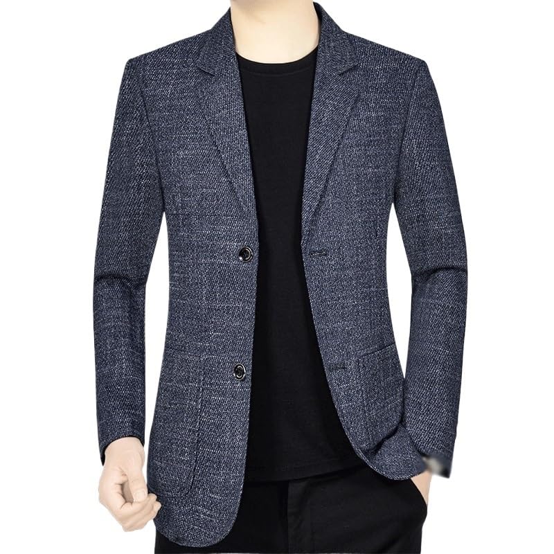 Men's Blue Tweed Two Button Smart Wash Blazers Regular Fit Cotton Sport Coat Casual Suit Jacket
