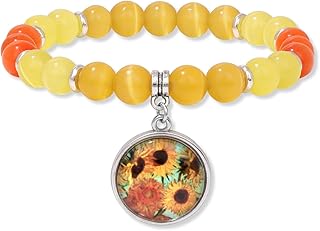 Raicegs Van Gogh Beaded Bracelet for Women, 8mm Crystal Beads Adjustable Stretch Bracelet, Starry Night Sunflower Artistic Yoga Inspirational Jewelry Gift for Her, Unique Pulseras para Mujer for Birthdays, Christmas