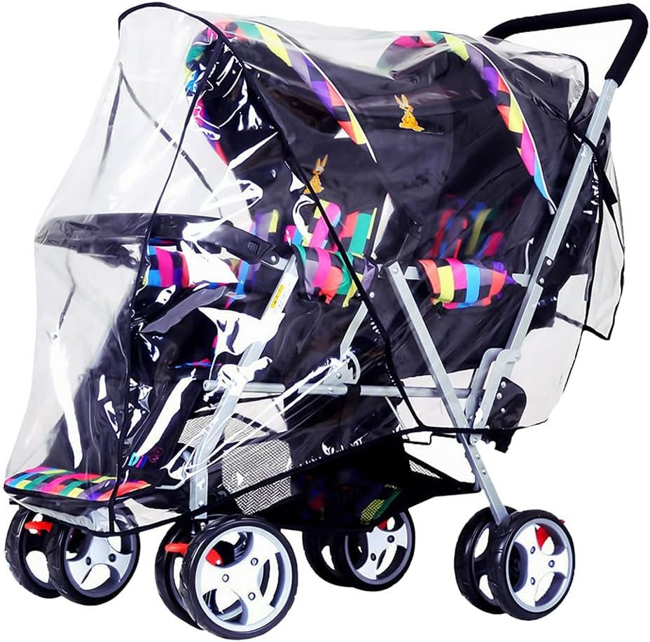Universal Double Stroller Rain Cover Waterproof Rainy Weather Guard Side by Side Twins Travel Stroller Shield Pushchair Windproof Rain Cover Stroller Accessory Easy Installation