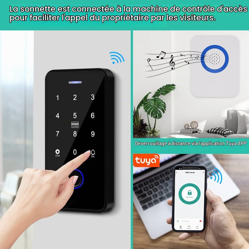 Kit de Contrôle d'Accès TUYA Étanche, Clavier Tactile RFID,Serrure Électrique NC, Alimentation 3A,Bouton Interrupteur,Sonnette Filaire, 15porte-clés 13.56 MHz