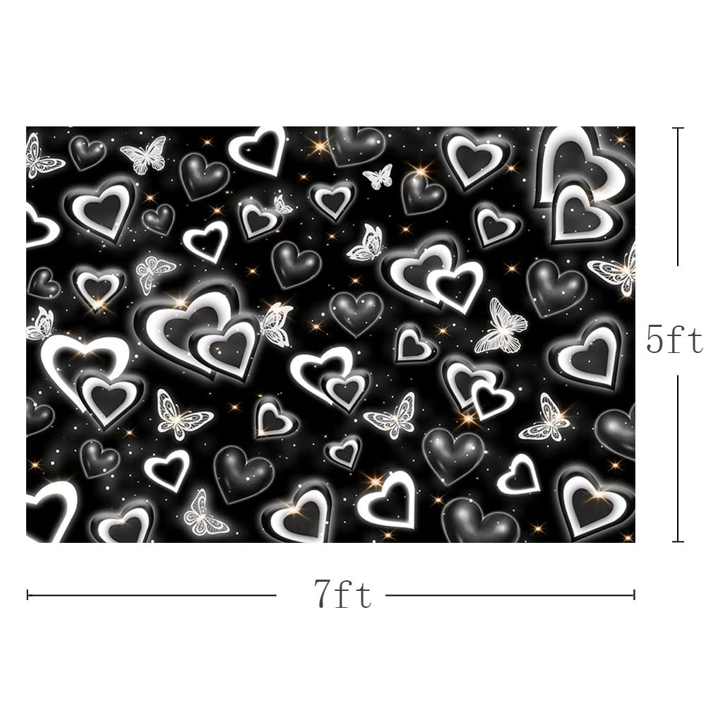 Amazon.com: AIBIIN 7 x 5 英尺(約2.1 x 1.5 公尺)情人節背景幕2000 年代初期黑色心形白色蝴蝶攝影背景先生和夫人 浪漫閃光派對裝飾生日新生兒派對