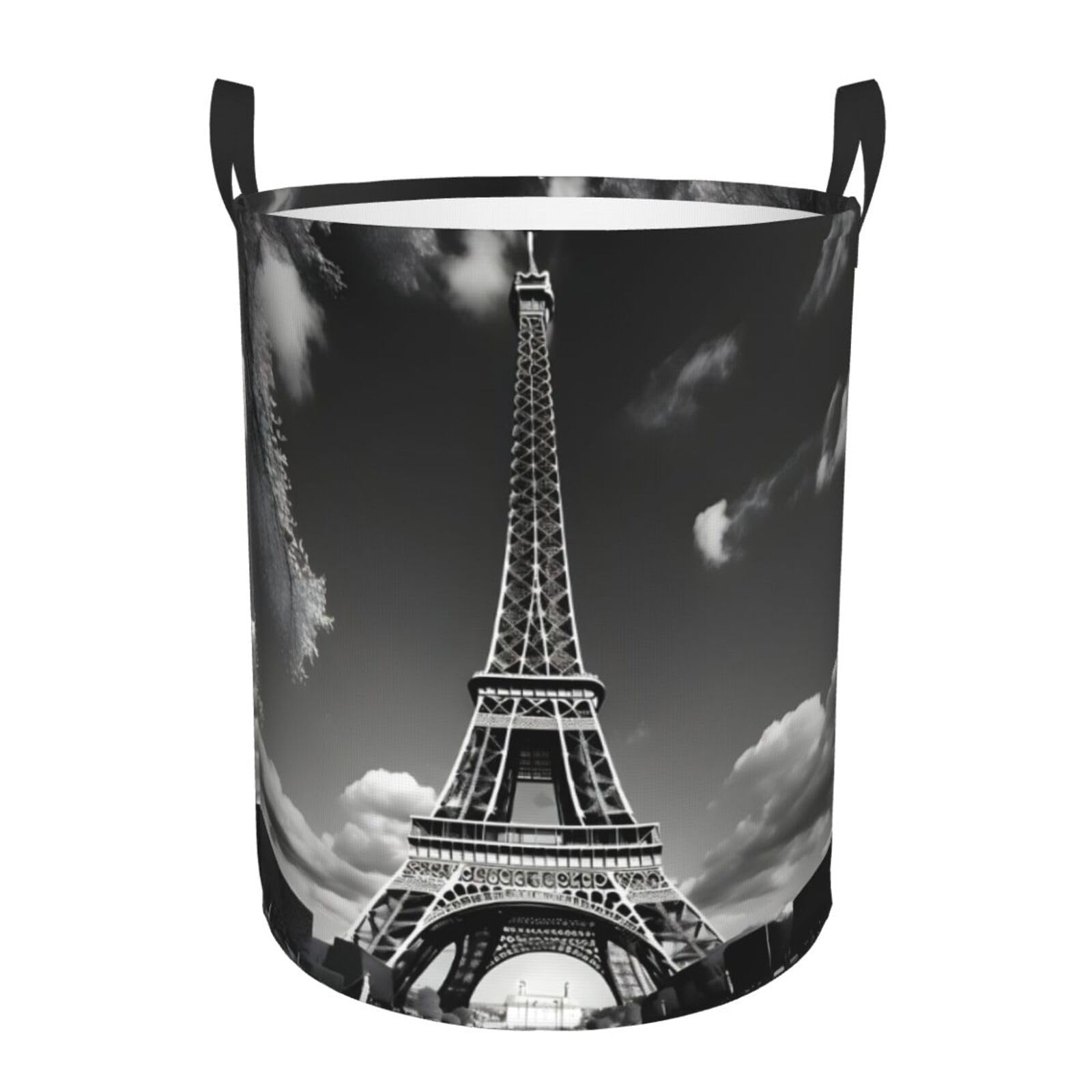 S Collapsible Round Paris Eiffel Tower and Cloud Print Laundry Hamper