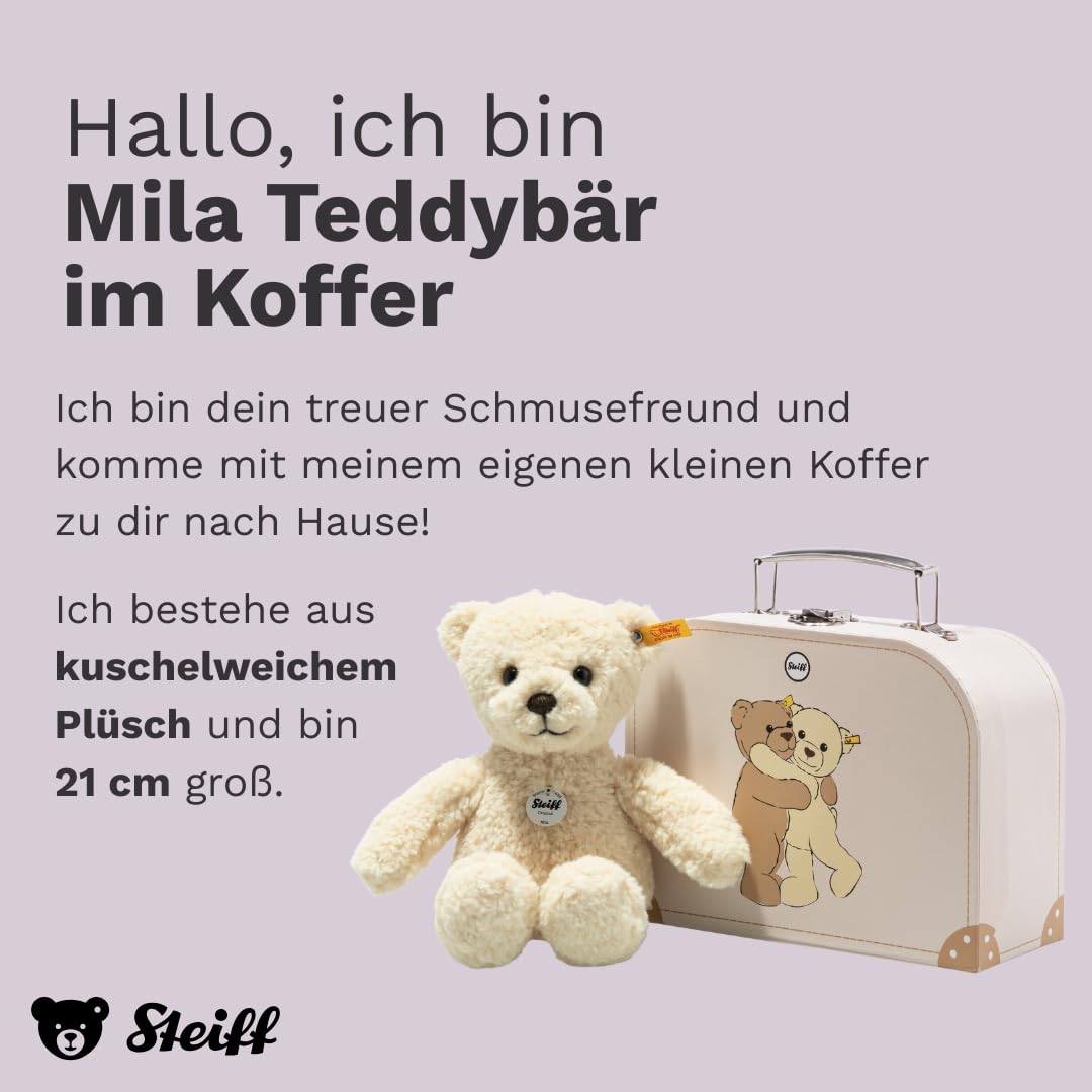Steiff Kuscheltier Mila Teddybär im Koffer, Süßes Stofftier, Kinder, Jungen & Mädchen, Friends, Plüschtier 21 cm, Beige, 114038