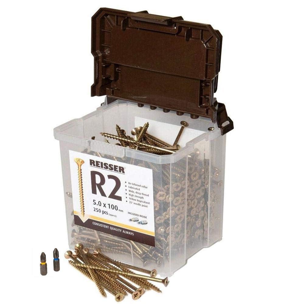 Reisser Yellow 9221560Pb R2 Pozi Coated Woodscrew 500-Pieces In Tub With 2 Pzd Bits, 5 Mm Diameter X 60 Mm Length