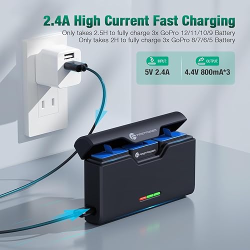 Miniatura 3 de FirstPower Cargador rápido USB de 3 canales para batería GoPro Hero 111098765 con cable tipo C y almacenamiento de tarjeta TF, totalmente compatible
