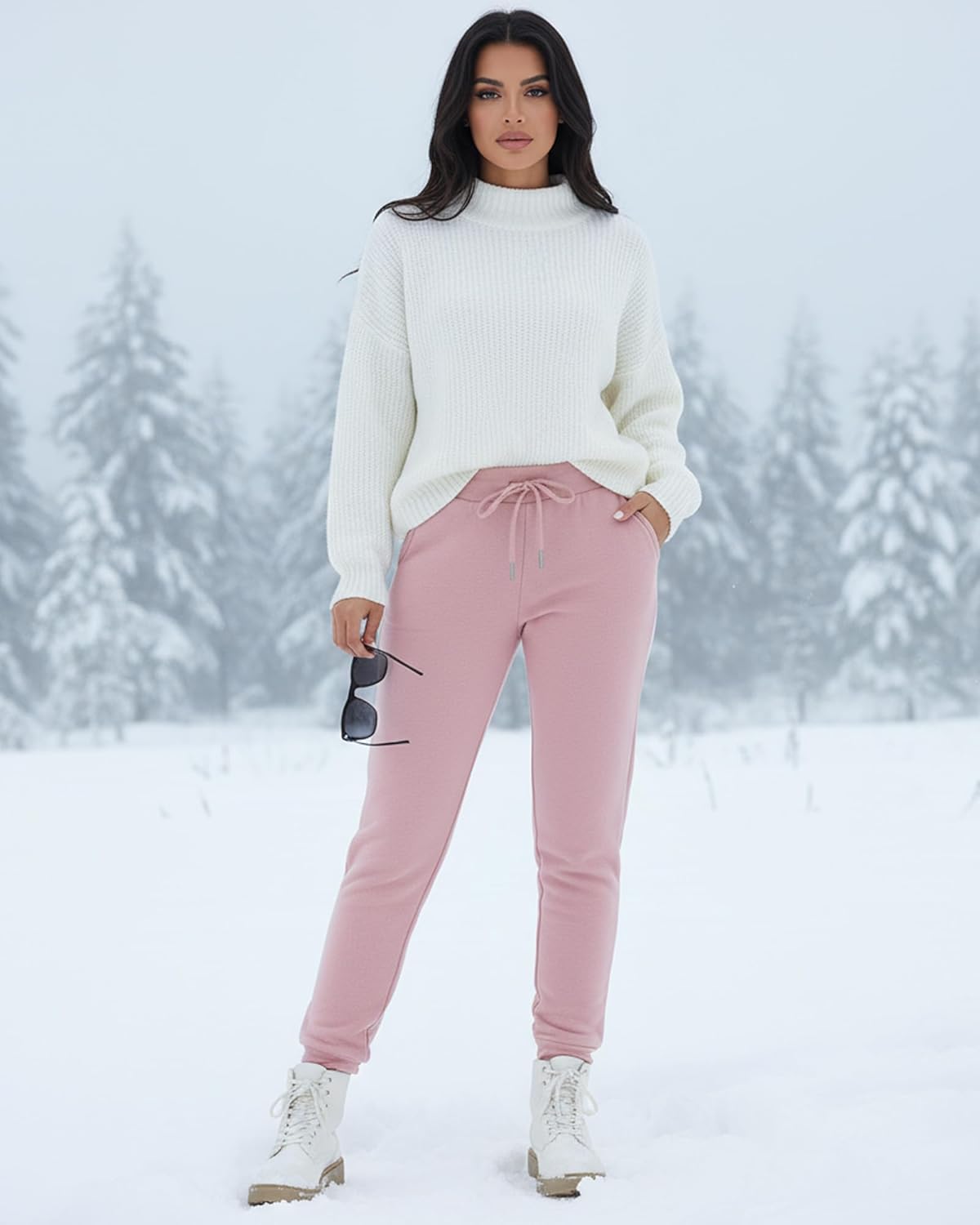 Coume 2 Pcs Women Sherpa Lined Sweatpants Winter Warm Womens Fleece Joggers with Pockets Thermal Athletic Running Pants - Image 2