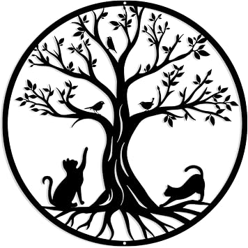 Pduoduo Black Metal Tree of Life Wall Decor Silhouette Artwith cat and bird for Gift Present Indoor Outdoor Garden Home Decoration 19.68in