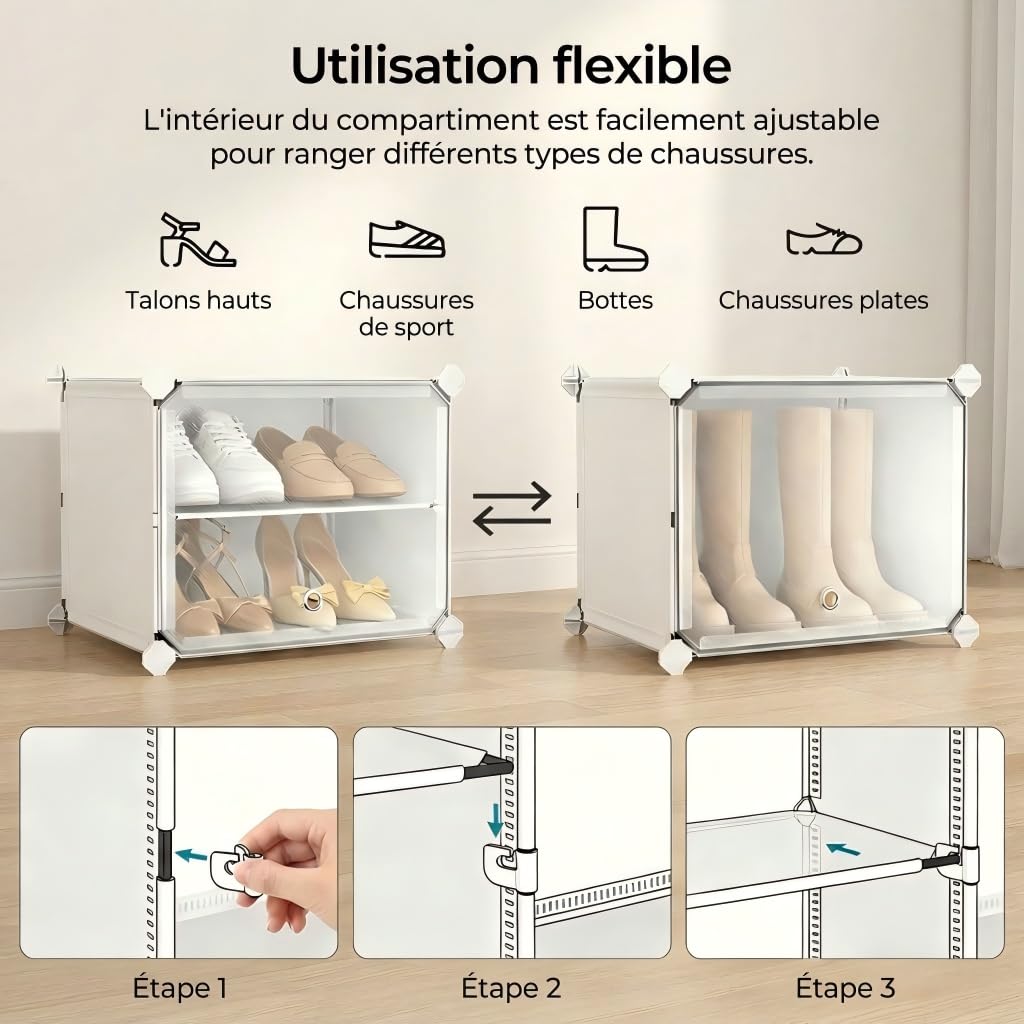 Meuble à Chaussures modulaire à 30 Compartiments avec Porte - en Plastique fermé - Blanc - pour Couloir, Chambre à Coucher