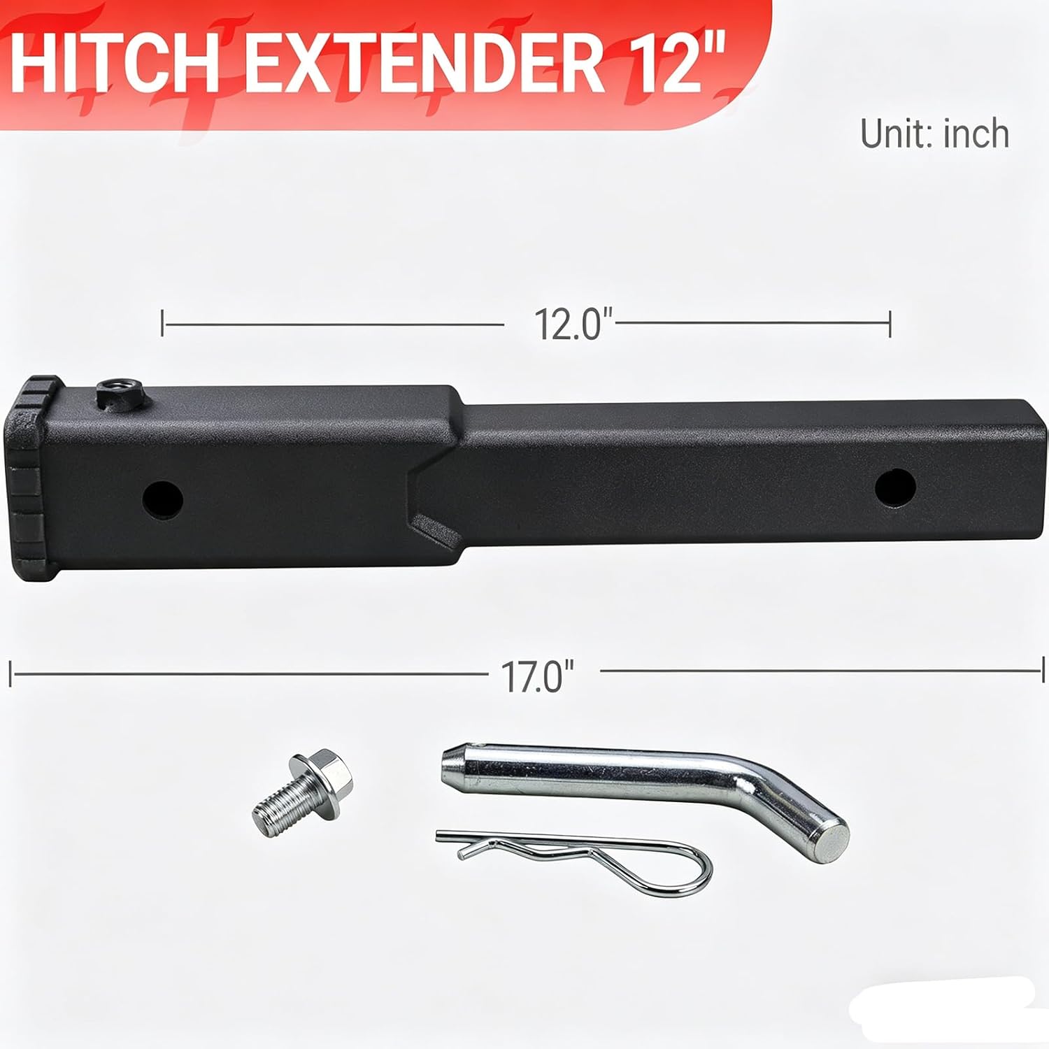 Trailer Hitch Extender 12 inch Extension Length, Fits for 2" Receiver Tube with 5/8 inch Pin 3,500 lbs GTW Matte Black